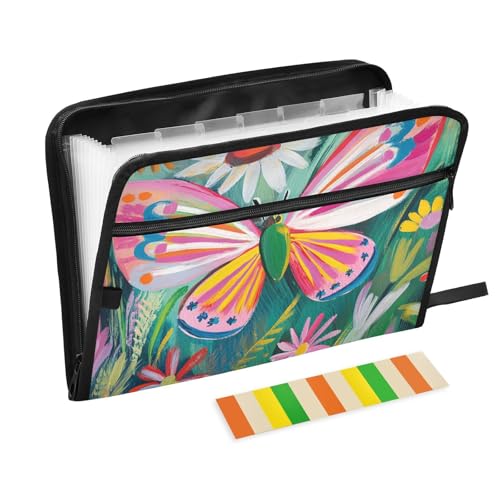 KLL Aktenordner, Fächermappe, Organizer, Fächermappen, Poly-Hängeregister mit Taschen für Büro-Klemmbrett, Schmetterling, bunte Blumen von KLL