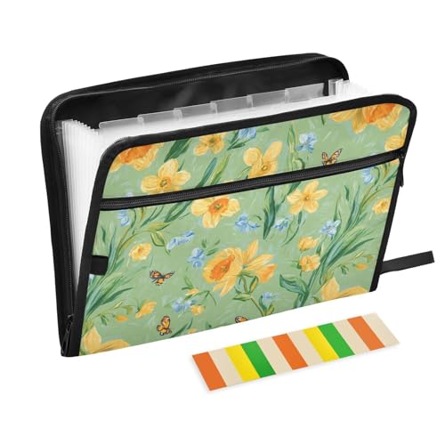 KLL Aktenordner, Organizer, Fächermappe, Fächermappe, Hängeregistasche mit Taschen für taktische, Frühlingsblumen, Narzissen, Blumen, Schmetterlinge, Grün von KLL