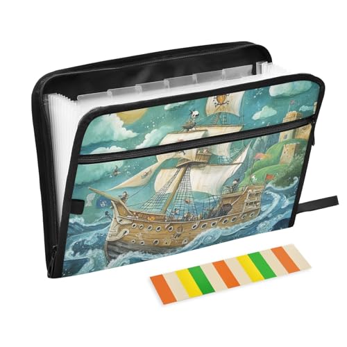 KLL Aktenordner, Organizer, Fächermappe mit Taschen für Büro, Piratenschiff, blaues Meer von KLL