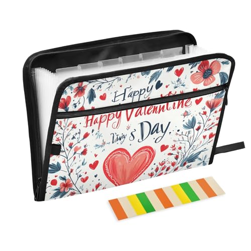 KLL Erweiterbare Aktenordner, Fächermappe, Briefordner, Büro, Papier-Organizer mit Reißverschluss, für Schule, Happy Valentine's Day von KLL