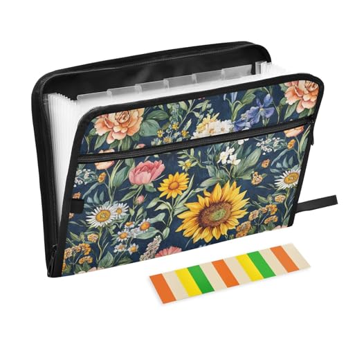 KLL Erweiterbare Aktenordner mit Taschen, Poly-Aktenordner, tragbarer Aktenordner mit Taschen für medizinische Referenz, Frühlingsblumen, Pfingstrosen, Iris, Marineblau von KLL