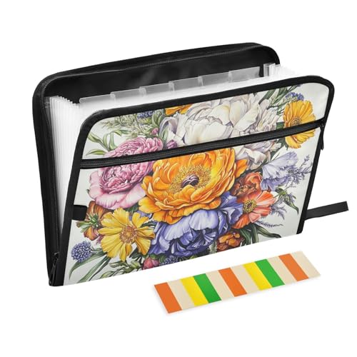 KLL Erweiterbare Dokumentenmappe, erweiterbare Dokumententaschen, Büro-Papier-Organizer mit Taschen für Arbeit, Blumen, Pfingstrosen, Ringelblumen, Sukkulenten von KLL