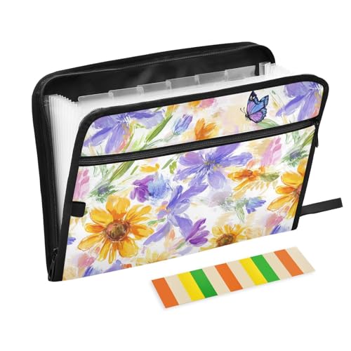 KLL Erweiterbarer Aktenordner, erweiterbarer Organizer mit Etiketten, Organizer mit Reißverschluss für Klassenzimmer, Frühlingsblumen, Iris-Schmetterlinge, Weiß von KLL