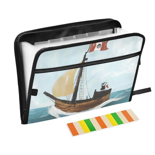 KLL Fächermappe, Fächermappe, Organizer, Kunststoff, mehrere Taschen, Ordner mit Reißverschluss für Schule, Piratenschiff, Meer von KLL