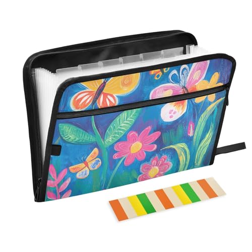 KLL Fächermappe, Papier-Organizer, Ordner mit Etikett, Dokumentenmappe mit Taschen für Büro-Klemmbrett, Schmetterling, bunte Blumen, niedlich von KLL