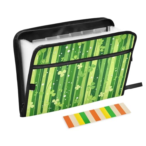 KLL Hängeregistratur-Ordner, Fächermappe, Hängeregistratur-Organizer, erweiterbar mit Taschen für Auto, St Green Stripes Kleeblätter von KLL