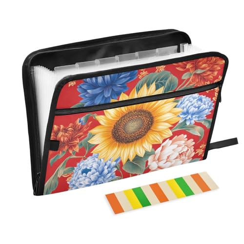 KLL Hängeregistratur-Ordner, Fächermappe, Kunststoff, Büro-Papier-Organizer mit Taschen für Klassenzimmer, Frühlingsblumen, Kornblumen, Pfingstrosen, Rot von KLL