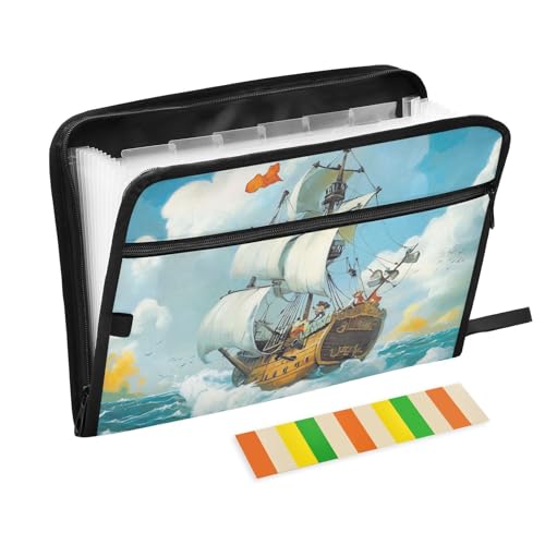 KLL Hängeregistraturmappe Aktenordner Taschen Organizer mit Taschen Multi-Fächermappe mit Reißverschluss für Büro-Klemmbrett, Piratenschiff, blaues Meer von KLL