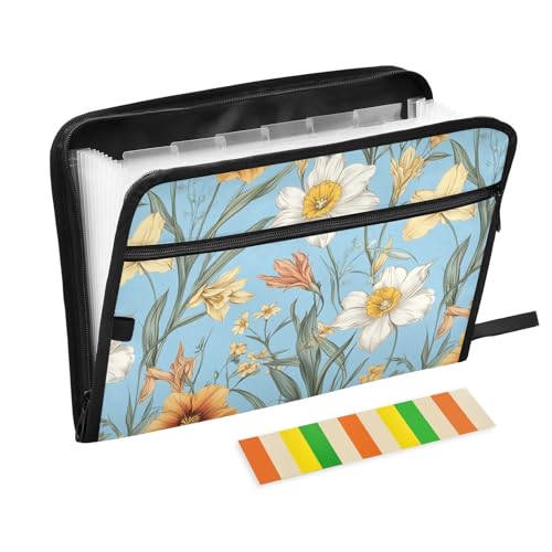 KLL Hängeregistraturmappe Datei Taschenmappen Tasche Erweiterbar Ordner Datei Pocket Brief mit Reißverschluss für Arbeit, Herbstblumen Blume Narzisse Gladiolenblau von KLL