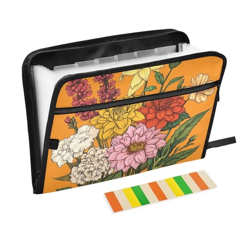 KLL Hängeregistraturmappe Taschenordner Organizer mit Etikett Hängetasche Datei mit Reißverschluss für Speisekarten für Restaurants, Blumen, Dahlie, Gardenie, Gladiolen, Orange von KLL