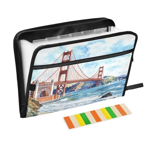 KLL Hängeregistraturmappe mit Taschen, Kunststoff, tragbarer Aktenordner mit Taschen für Büro-Klemmbrett, Golden Gate Bridge von KLL