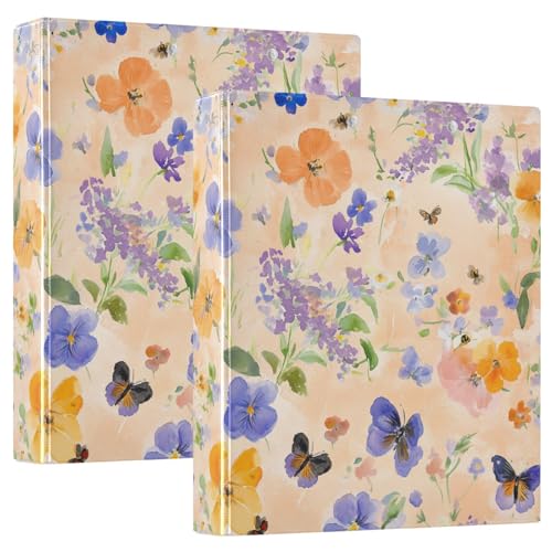 KLL Notizbuch mit drei Ringen, 3,5 cm Ordner mit Klemmbrett, 1/2er-Pack, Schulhefter Hardcover, Frühlingsblumen, Lavendel, Stiefmütterchen, Schmetterlinge, Bienen, Pfirsich von KLL