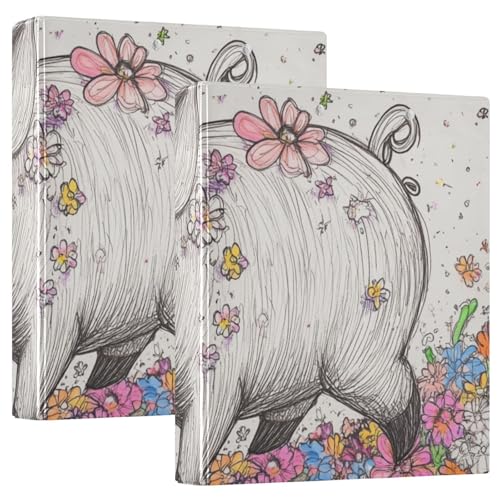 KLL Runde Ringbinder, 1 und 1/2 Zoll Ordner mit Klemmbrett, 1/2 Packungen, Ordner für Studenten, Hardcover, Blume, Miniaturschwein von KLL