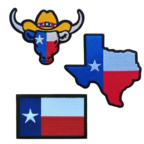 Kloris Aufnäher mit Texas-Flagge, bestickt, zum Aufbügeln, Texas-Karte, Longhorn x Adler, Jacke, Rucksack, Abzeichen, Zubehör, 3 Stück von KLORIZ