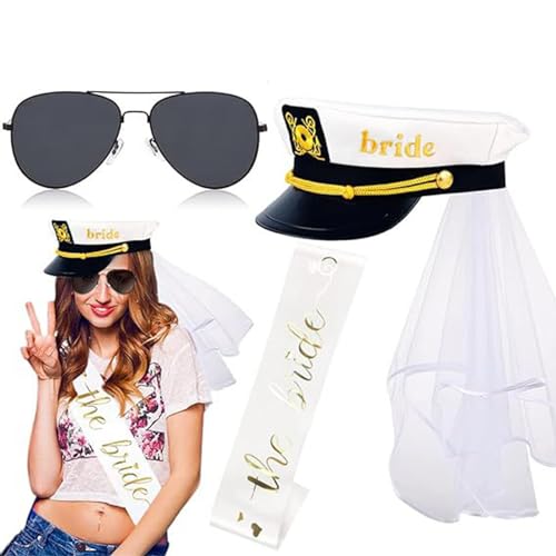 KLOVA Braut Schärpe Kapitän Hut Schleier Sonnenbrille Set für Junggesellinnenabschied Hochzeit Feier Marine Cap Bühne Requisiten Brautanzug Party Zubehör von KLOVA