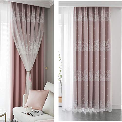 2 Schichten Spitzen Stickerei Tüll Verdunkelungsvorhänge,Doppelstöckiger vorhang Blickdicht mit Voile,Kinder Wohnzimmer Schlafzimmer Energiesparender Wärmeisolierter DoubleDeck Gardinen,Beige,1pcs von KMILE