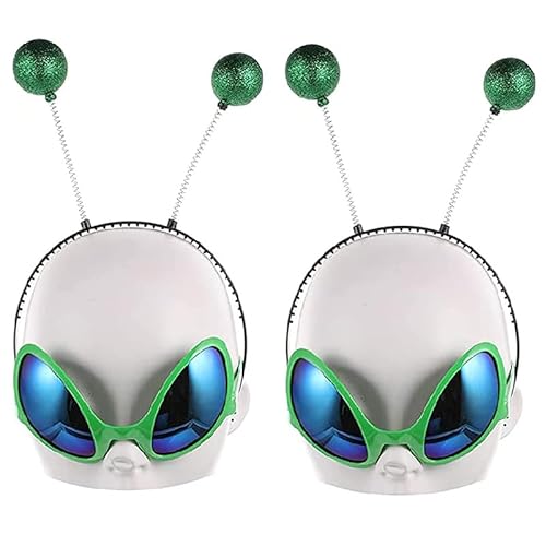 KMOCEPLY Alien-Set, Alien-Brille mit Stirnband, Marsantennen-Bopper, Regenbogenfarben, Alien-Sonnenbrille, Kostümzubehör, Alien-Zubehör für Halloween, Maskerade, Partygeschenke, Grün, 2 Sets von KMOCEPLY