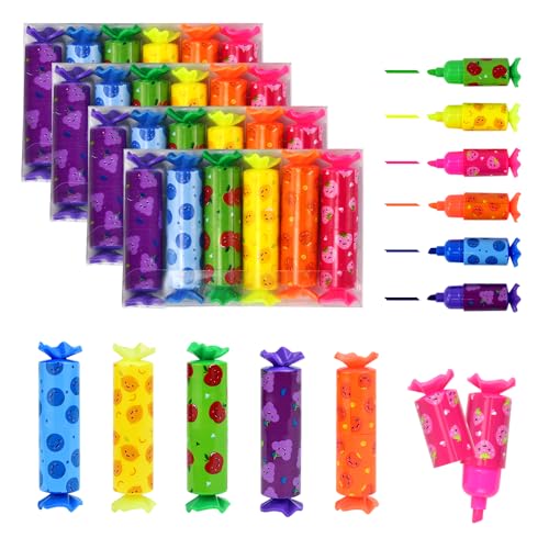 KNGNGK 24 Stück 6 Farben Mini Textmarker Stift Set Mini Textliner Mini Highlighter Stifte Marker Mini Highlighter Pen für Schüler Mitgebsel Lustige Schreibwaren Süße Bonbon Form von KNGNGK