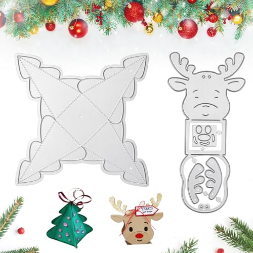 KNGNGK 2er Set 3D Stanzmaschine Stanzschablone Weihnachten Stanzformen Schokolade Prägeschablone Geschenkbox Süßigkeit Box Stanzbögen Weihnachten Handwerk Scrapbooking Rentier Hirsch Weihnachtsbaum von KNGNGK