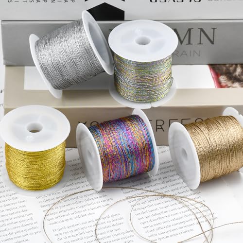 KNGNGK 5 Farben 250M Bunt Metallic Kordel zum Basteln Metallic Schnur Bastelschnur Metallisch Goldfaden Silberfaden Metallic Metallisch Kordel Schnur Gold Silber 0.4mmx50m/Rolle DIY Handwerk Schmuck von KNGNGK