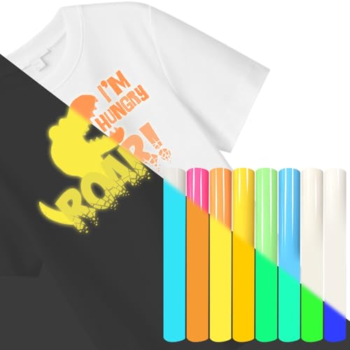 KNGNGK 8 Farben 30,5x25cm Textil Plotterfolie Nachtleuchtende Flexfolie Plotter Bügelfolie Textil HTV Transferfolie Plotter Vinylfolie für Textil DIY T-Shirt Stoff Fluoreszierend Leuchten im Dunkeln von KNGNGK