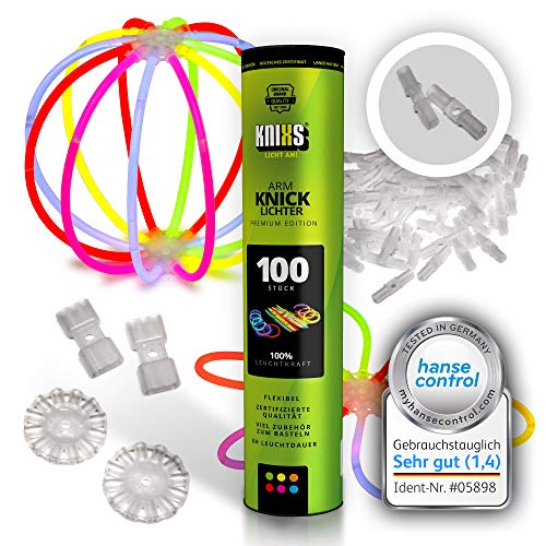 KNIXS 100x Knicklichter für Armbänder im 6 Farb-Mix leuchtend, inkl. 100x 3D-Verbinder und je 2x Ball- und 7-Lochverbinder für Party, Geburtstag, Festival oder Hochzeit - Markenqualität von KNIXS