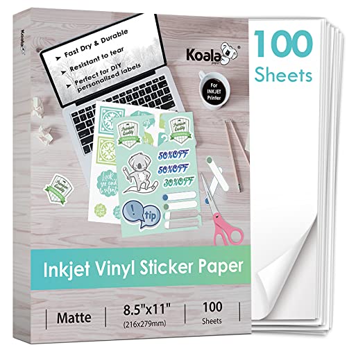 Koala Bedruckbares Vinyl-Aufkleberpapier für Tintenstrahldrucker – 100 Blatt Aufkleber-Druckerpapier, mattweiß, wasserdichtes Aufkleberpapier, 21,6 x 27,9 cm, funktioniert mit Schneidemaschine von KOALA PAPER