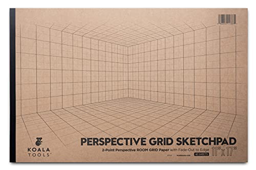 Koala Tools - 40-seitiger Zeichenblock für 2-Punkt-Perspektive, Raumraster-Skizzenblock mit virtuellen 3D-Wänden, kariertes Grafikpapier für Innenraum, Industrie, Architektur, 27,9 x 43,2 cm von KOALA TOOLS