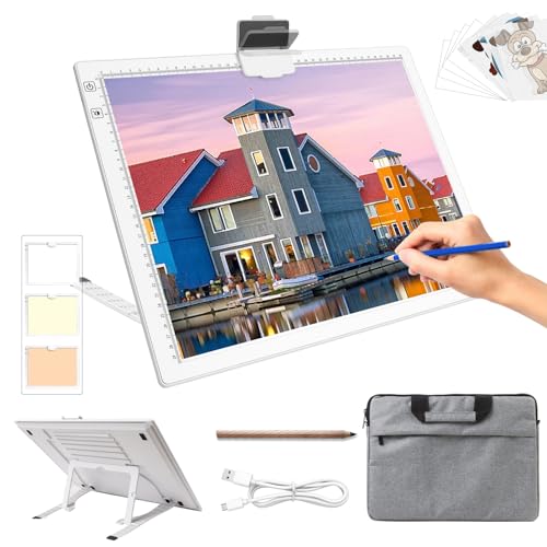 A3 Leuchtkasten mit Tasche, tragbares batteriebetriebenes Lichtpad, 3 Farben, stufenlos, dimmbar, 6 Stufen Helligkeit, Tracing Light Box, wiederaufladbares Zeichenlichtpad für Diamantmalerei, von KOBAIBAN