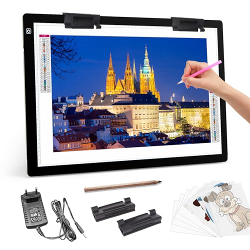 Diamond Painting Leuchttisch A2, Tragbares Light Pad mit 12v2a Adapter 2 Multi-Funktions-Clips, Ultra-Dünne stufenlose Helligkeit Zeichnung Leuchtplatte für Zubehör Abpausen von KOBAIBAN