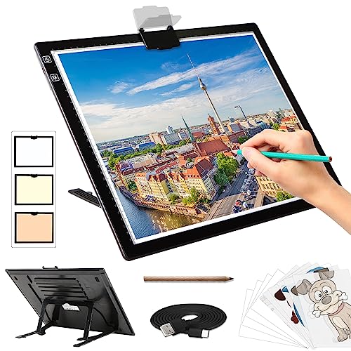 Diamond Painting Leuchttisch A3 - Tragbares Batteriebetriebene Light Pad, Wiederaufladbare Leuchtplatte mit Ständer, 3 Farben 6 Helligkeitsstufen LED Lichtpad für Diamond Painting Zubehör Abpausen von KOBAIBAN