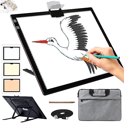 Diamond Painting Leuchttisch A3 - Tragbares Batteriebetriebene Light Pad, Wiederaufladbare Leuchtplatte mit Ständer und Tasche, 3 Farben 6 Helligkeitsstufen LED Lichtpad für Diamond Painting Zubehör von KOBAIBAN