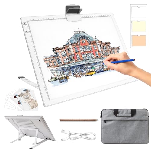 Diamond Painting Leuchttisch A3 mit Tasche, Tragbares Batteriebetriebene Light Pad, Wiederaufladbare Leuchtplatte mit Ständer, 3 Farben 6 Helligkeitsstufen LED Lichtpad für Abpausen(weiß) von KOBAIBAN