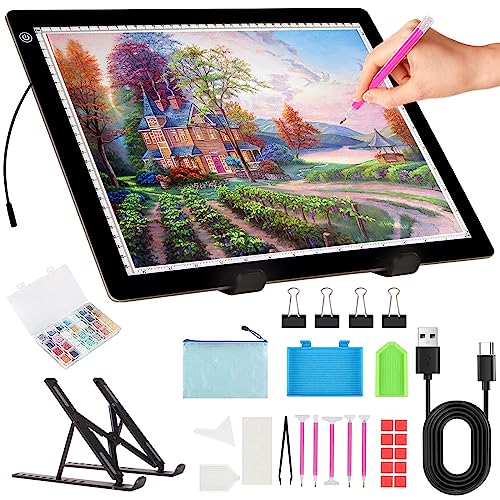 Leuchtplatte A3 für Diamond Painting - Diamond Art Leuchttisch Kit mit Ständer, stufenlos dimmbar 3 Stufen Helligkeit Peilsender Leuchtkasten Ultradünne LED Light Pad zum Zeichnen von KOBAIBAN