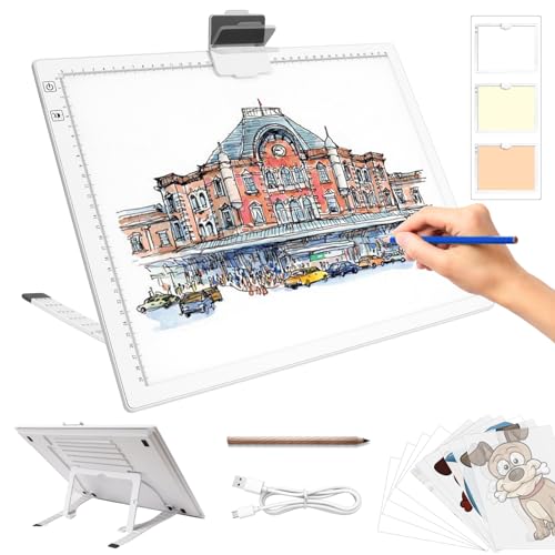 Leuchttisch A3, Tragbares Batteriebetriebene Light Pad, Wiederaufladbare Diamond Painting Leuchttisch mit Ständer, 3 Farben 6 Helligkeitsstufen Leuchtplatte für Abpausen(weiß) von KOBAIBAN