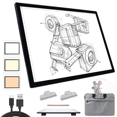 Leuchttisch A3 Light Pad mit Tasche - Diamond Painting ZubehöR Leuchtplatte, Tragbares Wiederaufladbare Batteriebetriebene Leuchtkasten, 3 Farben 6 Helligkeitsstufen LED Leuchttisch für Abpausen von KOBAIBAN