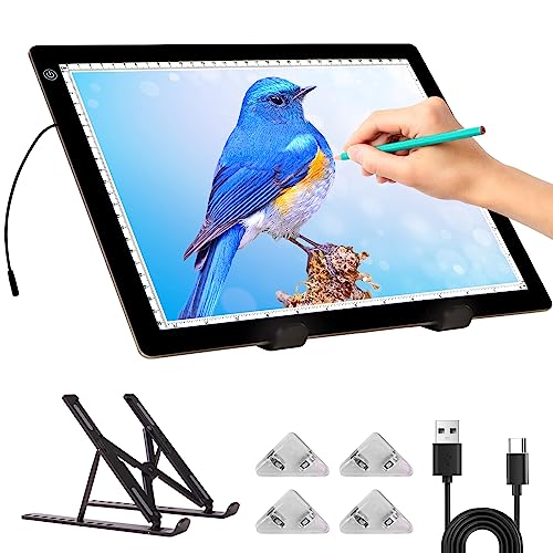 Leuchttisch A4 - Diamond Painting Leuchtplatte din A4 with Zusammenklappbarer Ständer, stufenlos dimmbare 3 Stufen Helligkeit Leuchtkasten Ultra-Thin LED Light Pad für Tracing Sketching Black von KOBAIBAN