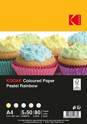KODAK Kopierpapier 5 x 50 Blatt, Regenbogen Pastellfarben, 80 g/m², DIN A4, Druckerpapier für Laser- und Tintenstrahl/Inkjet Drucker von KODAK