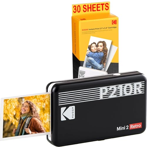 KODAK Mini-Drucker P210 Retro 2 + Kartusche und Papier für 30 Fotos – Drucker mit Bluetooth – Fotos Format CB 5,3 x 8,6 cm – Lithium-Akku – Thermosublimation 4 Pass von KODAK