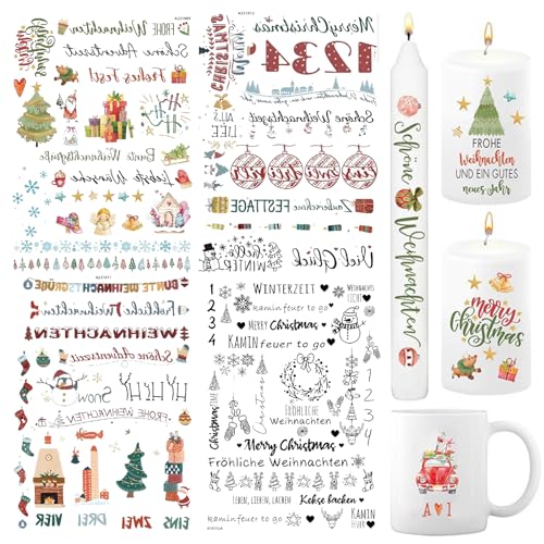 4 Stück Kerzen Tattoos Folie Weihnachten Kerzentattoos Weihnachten Adventskerzen Sticker Set Weihnachtsmotiv,Geeignet für DIY Kerzen, Tassen von KODMNSW