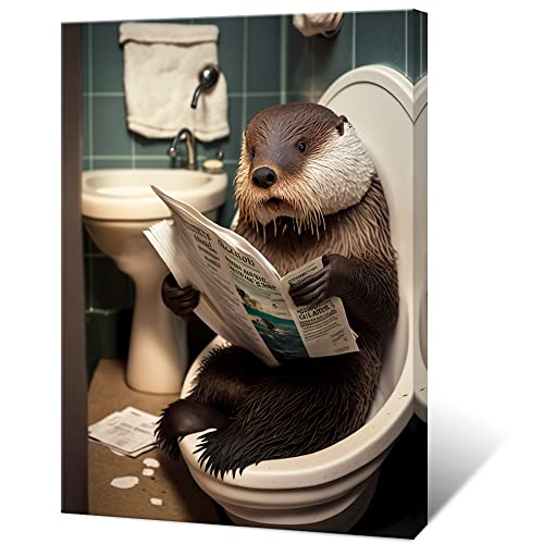 KOEUIRW Lustiger Otter Badezimmer-Leinwand-Wandkunst, niedlicher Otter in der Toilette, schwarz-weiß, Tierdrucke, Gemälde, maximalistisch, moderne ästhetische Wanddekoration für 40.6x61 cm, ungerahmt von KOEUIRW