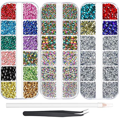 9000 Stück Strasssteine in 12 Farben 5 Größen AB flache Rückseite, runde Glaskristalle zum Aufbügeln, Strasssteine, Glas, Strass mit Pinzette, Picking-Stift für DIY, Handwerk, Maniküre, Nageldesign, von KOGMMYSEVP