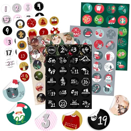 KOHMUI Adventskalender Zahlen Aufkleber, 6 x 24 Adventskalenderzahlen Sticker Set für Weihnachten Kalender zum selber basteln und Verzieren, Adventszahlen Geschenkaufkleber Etiketten selbstklebend von KOHMUI