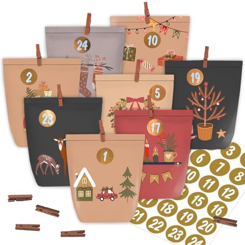 KOHMUI Adventskalender zum Befüllen, 24 Weihnachtskalender Papiertüten zum Selber Basteln, Adventstüten mit 1-24 Adventzahlen Aufklebern zum Selbst Füllen von KOHMUI