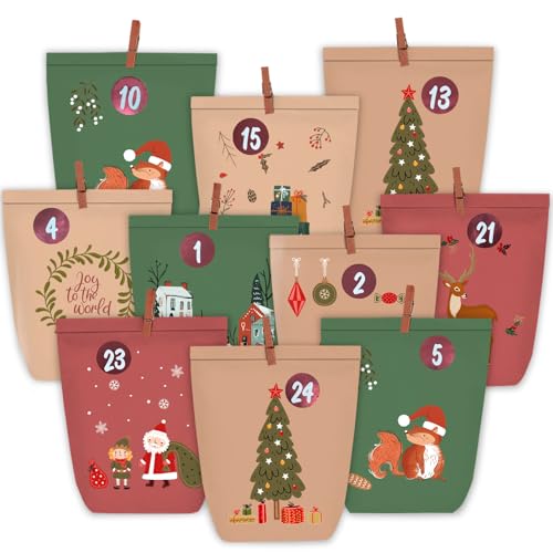 KOHMUI Adventskalender zum Befüllen, 24 Weihnachtskalender Papiertüten zum Selber Basteln, Adventstüten mit 1-24 Zahlensticker zum Selbst Füllen von KOHMUI