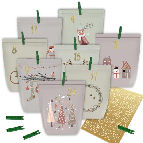 KOHMUI Adventskalender zum Befüllen, 24 Weihnachtskalender Papiertüten zum Selber Basteln, DIY Geschenktüten Kalender zum selber basteln, Kraftpapiertüten Advents Tüten Selbstbefüllen von KOHMUI