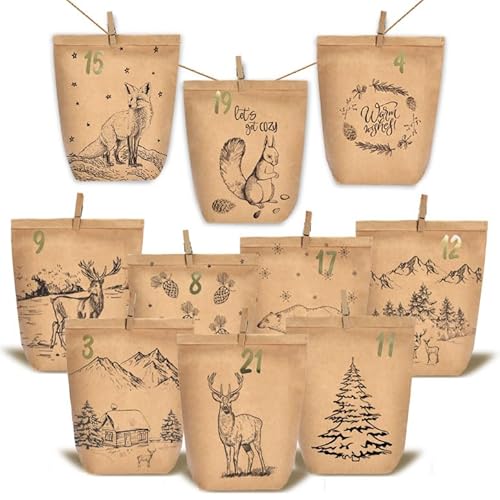 KOHMUI Adventskalender zum Befüllen, 24 Weihnachtskalender Papiertüten zum Selber Basteln, DIY Geschenktüten zum selbst füllen, Kraftpapiertüten Advents Tüten Selbstbefüllen für Kinder & Erwachsene von KOHMUI