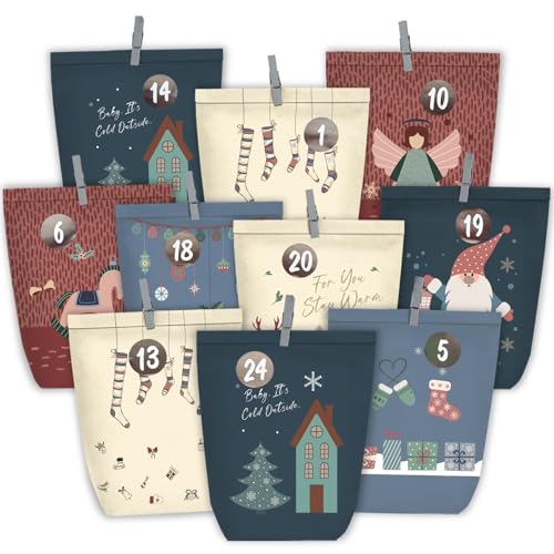 KOHMUI Adventskalender zum Befüllen, 24 Weihnachtskalender Papiertüten zum Selber Basteln, Geschenktüten zum selbst füllen, Advents Tüten Selbstbefüllen für Kinder & Erwachsene von KOHMUI