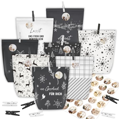 KOHMUI Adventskalender zum Befüllen, 24 Weihnachtskalender Papiertüten zum Selbst Gestalten, Geschenktüten zum Selber Basteln, Elegantem Schwarz und Weiss von KOHMUI