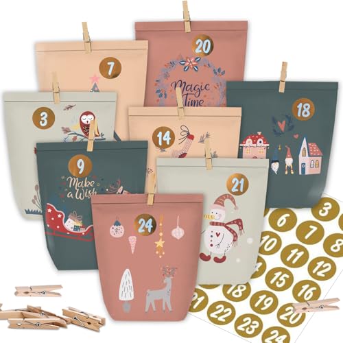 KOHMUI Adventskalender zum Befüllen, 24 Weihnachtstüten zum Selbst Basteln, Weihnachtskalender Papiertüten mit 1-24 Zahlensticker zum Selber Füllen von KOHMUI